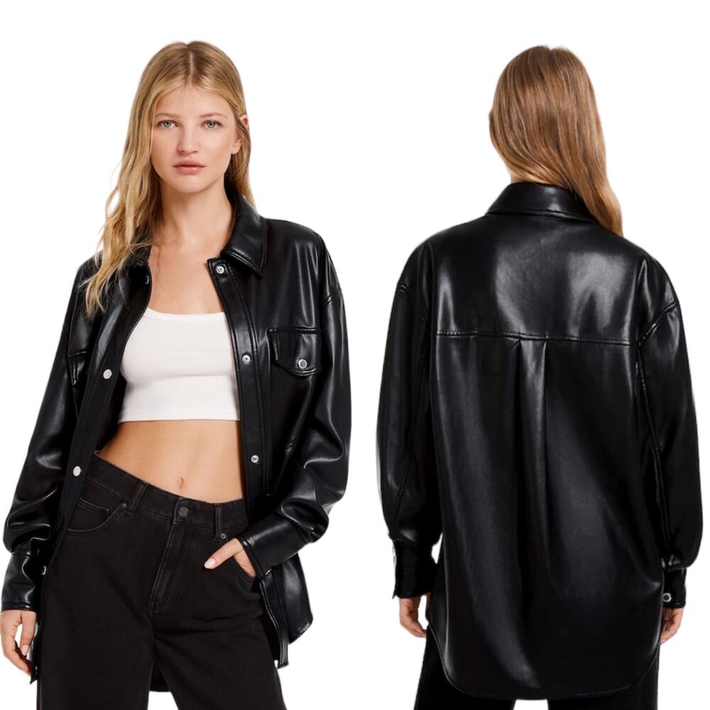 Bershka Faux Black Leather Oversized Top Slits Button Up Shacket Jacket Medium